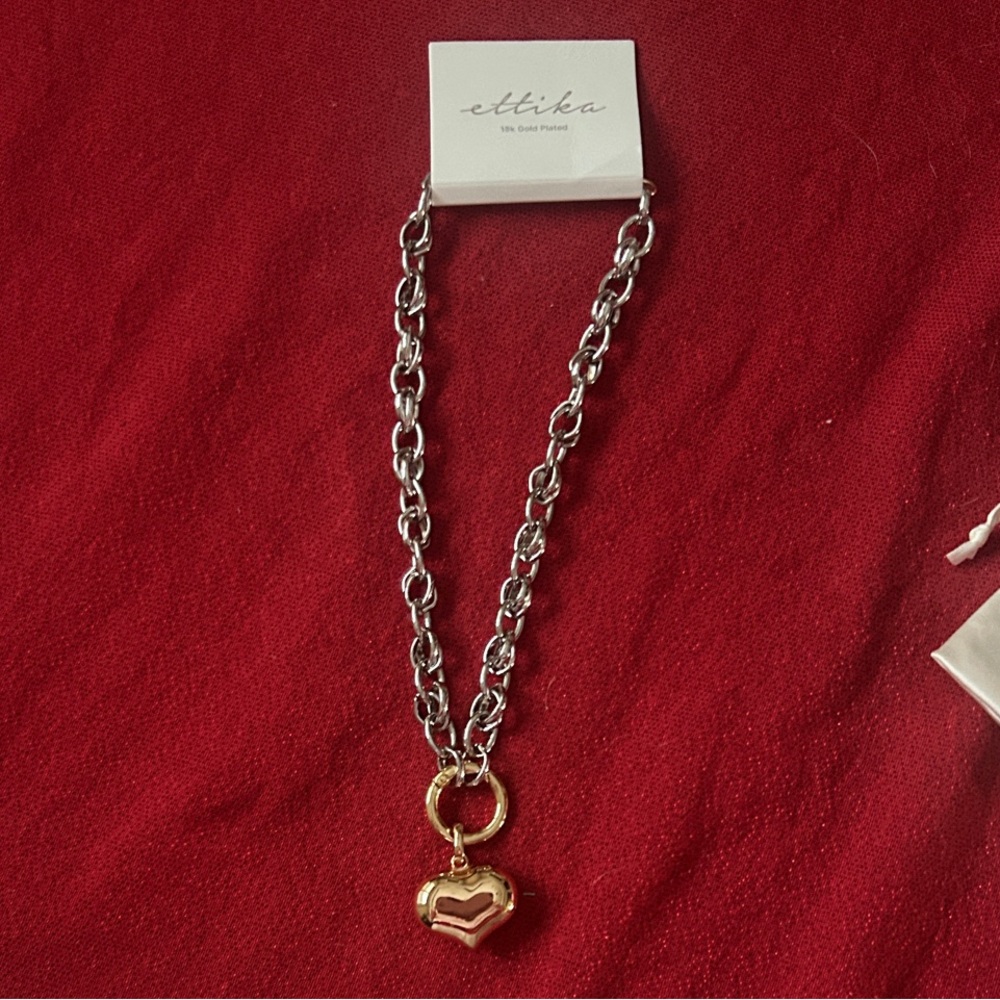 Two-Tone Heart Charm Chain Necklace - Gold & Silver - Picture 2 of 6
